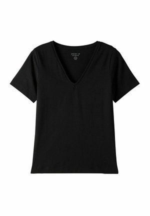 Musta V-puoliset t-paita, joka on valmistettu pehmeästä puuvillasta. Siinä on lyhyet hihat, rento istuvuus ja yksinkertainen, koristamaton muotoilu.