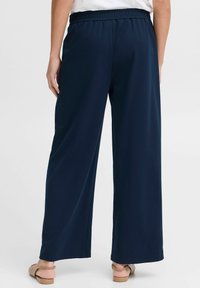 Pantaloni larghi color navy con una texture morbida e cintura elastica; abbinati a sandali beige, si concentra sulla vista posteriore e sul drappeggio del tessuto.
