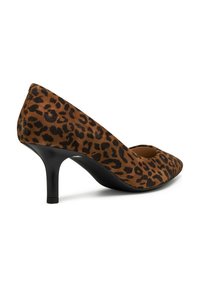 Chaussure à talon haut en imprimé léopard avec un bout pointu, en suède marron et noir, talon aiguille noir de 3 pouces. Texture lisse et design élégant.