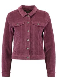 Cordjacke in Dunkelpink, mit Kragen, Frontknopfverschluss, zwei Brusttaschen und strukturiertem Stoff mit vertikalen Rippen. Silberne Knöpfe.