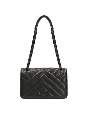 Borsa a tracolla in pelle trapuntata nera con motivo a zig-zag, dotata di una tracolla a catena intrecciata. Forma rettangolare compatta con dettaglio del logo.