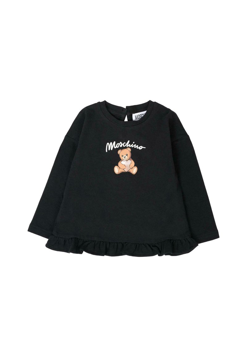 Czarny top z długim rękawem i falbaniastym dołem, z grafiką niedźwiedzia i napisem "Moschino" w białym kolorze. Wykonany z miękkiego materiału.