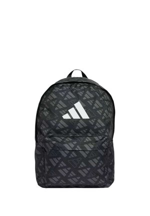 Zaino nero Adidas con motivo con logo ripetuto e grande logo bianco Adidas sulla tasca frontale, anello per appendere in alto.