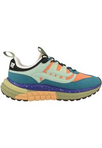 Multicolored sneaker featuring a mix of teal, orange, and green accents, textured fabric upper, and thick, speckled sole for cushioning.