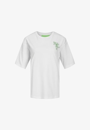 White cotton t-shirt with short sleeves and a relaxed fit. Features a green floral vase graphic on the left chest.