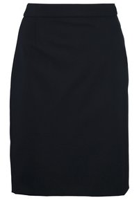 Černá tužková sukně vyrobená z texturované tkaniny s přiléhavým střihem, s hladkým pasem a délkou ke kolenům. Bez viditelných vzorů nebo akcentů.