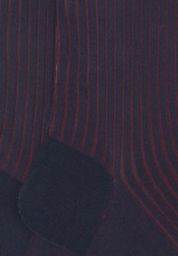 Calzini blu navy con sottili righe bordeaux, con tallone rinforzato e una superficie liscia. Il design è semplice con un motivo classico.
