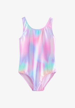 Pasteļtoņos varavīksnes krāsas viengabala peldkostīms ar spīdīgu, spīdošām pērlītēm līdzīgu rakstu un plašām plecu siksnām.