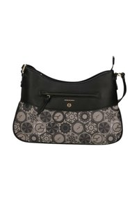 Borsa a tracolla in pelle nera con una sezione inferiore in tessuto grigio con motivo, dotata di una tasca con cerniera e dettagli in metallo color oro.