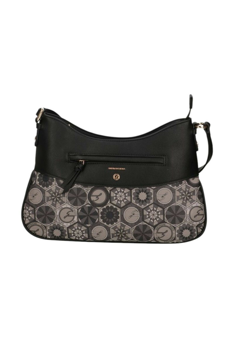 Borsa a tracolla in pelle nera con una sezione inferiore in tessuto grigio con motivo, dotata di una tasca con cerniera e dettagli in metallo color oro.