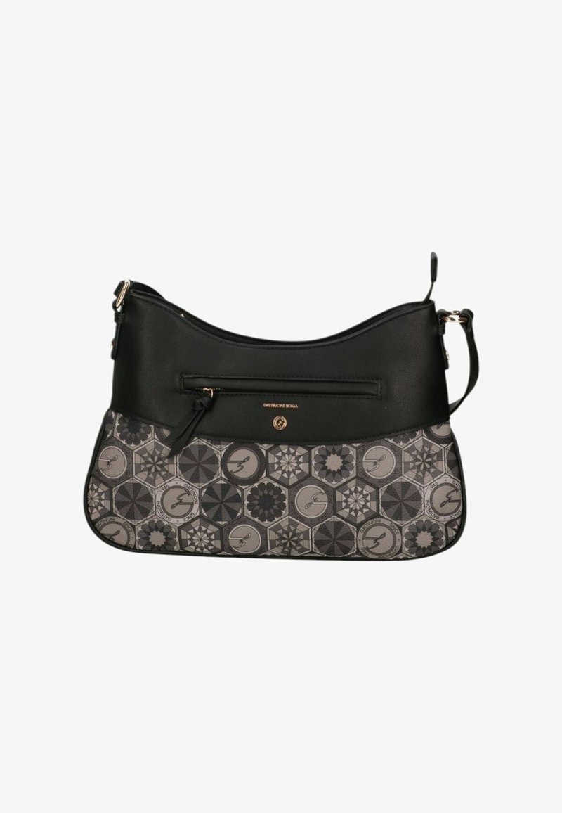 Borsa a tracolla in pelle nera con una sezione inferiore in tessuto grigio con motivo, dotata di una tasca con cerniera e dettagli in metallo color oro.