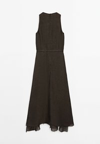 Sleeveless dark brown linen dress with a knee-length, flared hem and raw edge detailing; features a concealed back zipper.