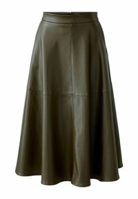 Jupe en cuir vert olive en forme de A avec une taille haute, texture lisse et détails de surpiqûres, évasée vers l'ourlet.