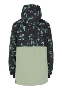 Giacca con cappuccio caratterizzata da un motivo geometrico nero e verde nella parte superiore e una sezione inferiore verde chiaro uniforme. Include polsini e orlo elasticizzati.