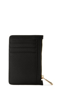 Black leather wallet with textured finish, featuring multiple card slots and a gold zipper accent along one side for secure closure.