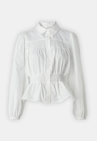 Bluză albă cu secțiune mijlocie elastică, închidere cu nasturi și mâneci lungi tip puff. Fabricată dintr-un material ușor, având un tiv peplum.