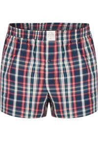 Costume da bagno a scacchi con un mix di colori blu navy, rosso e bianco. Vita elastica con chiusura a bottone, realizzato in tessuto leggero.