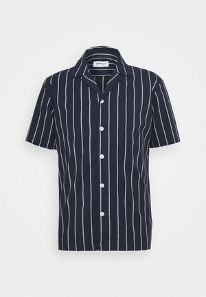 Short-sleeve navy shirt with white vertical stripes, button-down front, and notched collar. Made from lightweight fabric.