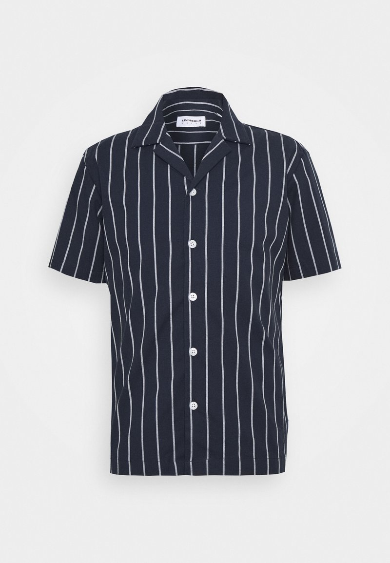 Chemise à manches courtes bleu marine avec des rayures verticales blanches, devant boutonné et col cranté. Fabriquée en tissu léger.