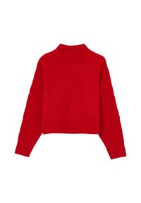 Maglione rosso lavorato a maglia con colletto alto, caratterizzato da un motivo a trama e maniche lunghe e larghe. L'orlo si trova sopra la vita.