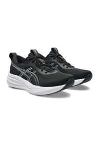 Svart och grå lätta löparskor med vita dämpade sulor, andningsbara mesh-överdelar och dragflikar vid häl och tunga.