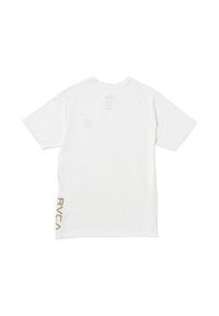 White cotton t-shirt with short sleeves, featuring a small brand logo in gold on the lower left side and care labels on the back.