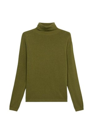 Maglione a collo alto verde oliva con maniche lunghe, realizzato in un materiale morbido, caratterizzato da un design aderente e collo e polsini a costine.