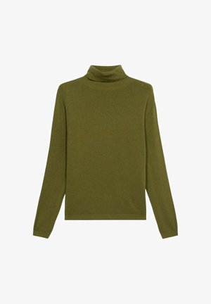 Olijfgroene coltrui met lange mouwen, gemaakt van een zachte stof, met een getailleerd ontwerp en ribgebreide hals en boorden.