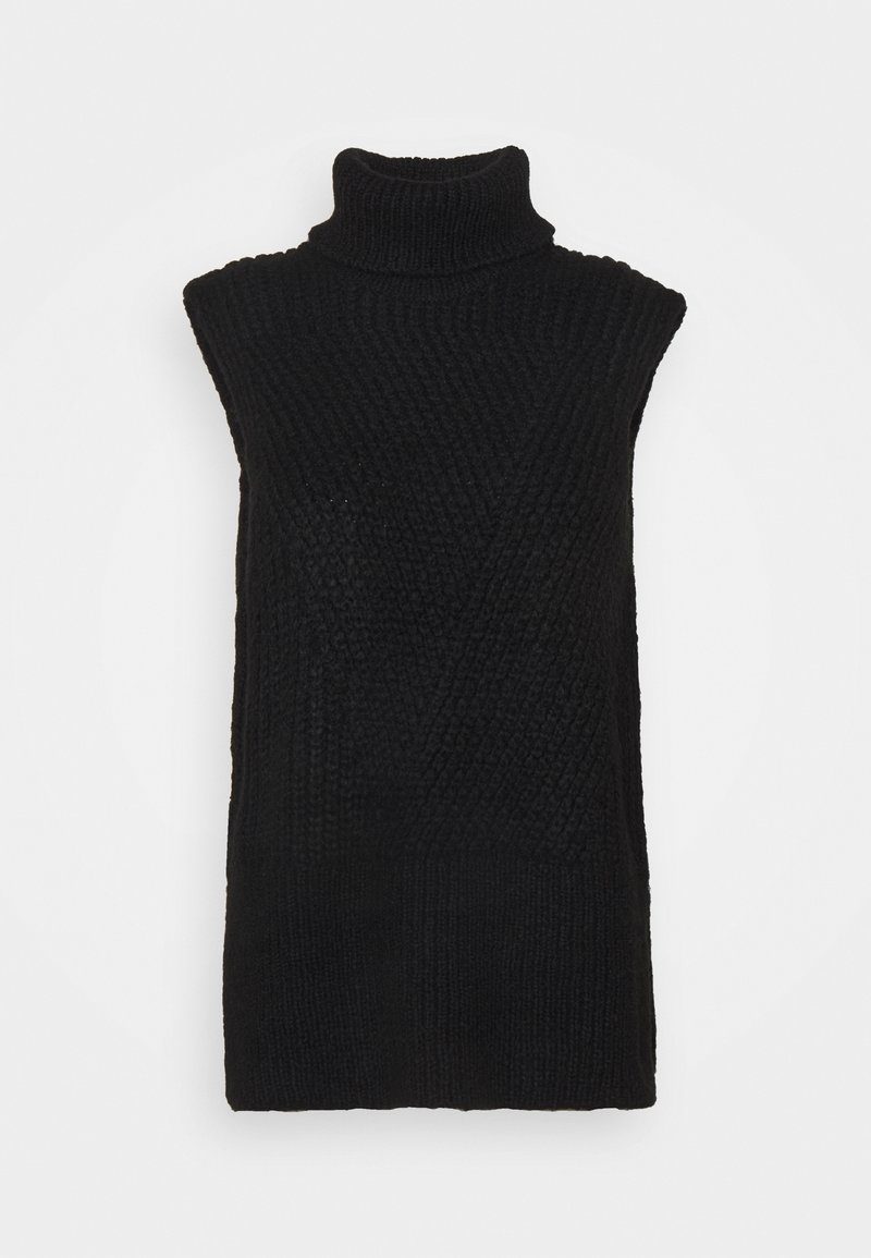 Gilet sans manches noir en tricot à col roulé avec motif texturé et ourlet côtelé sur fond uni.