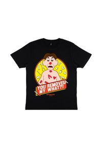 Sort bomulds T-shirt med en tegneseriefigur med et overrasket ansigtsudtryk, rød klovnenæse og medicinske design elementer samt tekst.