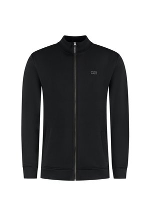 Zwarte zip-up jacket met een hoge kraag en twee voorzakken. Voorzien van ribbelsmanchetten en -zoom, gemaakt van een gladde stof. Logo op de borst.