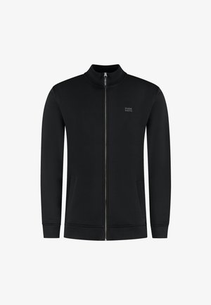 Schwarze Zip-Jacke mit hohem Kragen und zwei Fronttaschen. Mit gerippten Bündchen und Saum, aus einem glatten Stoff gefertigt. Logo auf der Brust.