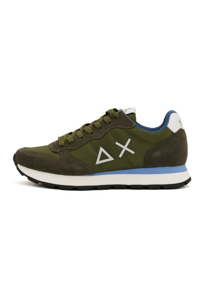 Olive green sneaker with a mix of suede and fabric, featuring white geometric logo, blue accents on the collar, and black rubber sole.
