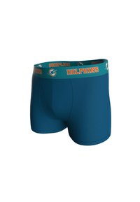 Bóxer teal con una cinturilla ancha que presenta "DOLPHINS" en letras naranjas y un logo. Textura suave y diseño ajustado.