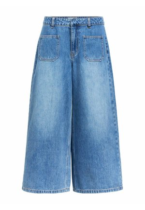 Weitbeinige blaue Denim-Culottes mit vorderen aufgesetzten Taschen, Gürtelschlaufen und hoher Taille.