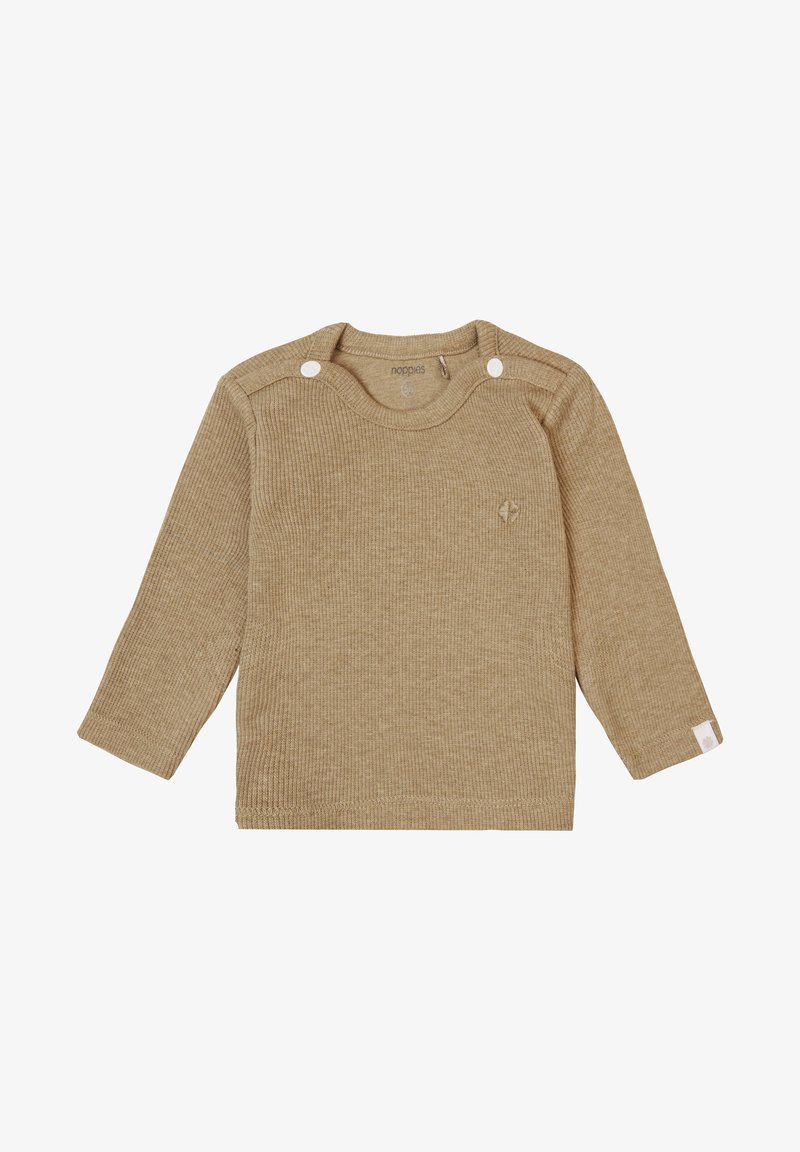 Beige gerippter Pullover mit langen Ärmeln, rundem Ausschnitt, zwei weißen Schulterdrückern und einem dezenten gestickten Logo auf der Brust.