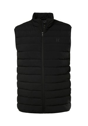 Gilet puffa nero con design trapuntato verticale, colletto alto e zip frontale. Presenta un logo discreto sul lato sinistro superiore.