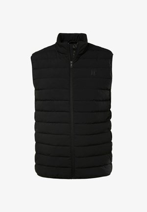 Zwarte puffer vest met verticale gestikte ontwerpen, hoge kraag en rits aan de voorkant. Kenmerkt een subtiele logo aan de bovenlinkerkant.