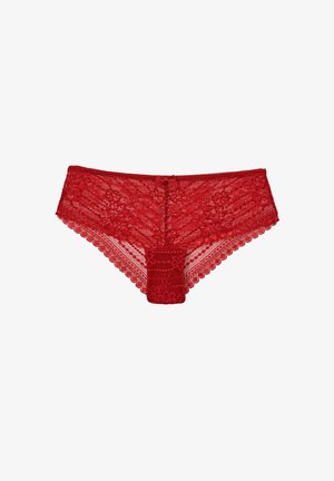 Red lace panties with floral patterns, semi-sheer texture, scalloped edges, and a small bow detail at the front center.