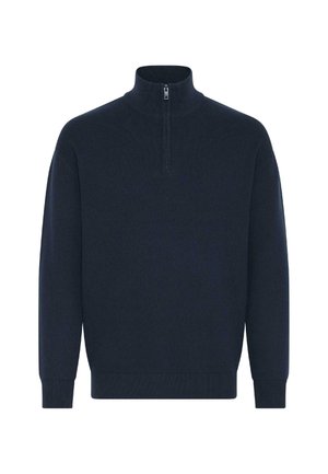 Pulover bleumarin cu guler înalt, dotat cu închidere cu jumătate de fermoar și manșete și tiv cu risc. Textură moale cu un design clasic de tricot.