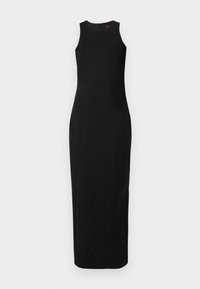Rochie maxi fără mâneci de culoare neagră, cu decolteu rotund, textură netedă și accente discrete cu puncte pe material. Închidere cu fermoar la spate.