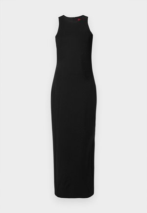 Black sleeveless maxi dress featuring a scoop neckline, smooth texture, and subtle dotted accents along the fabric. Back zipper closure.