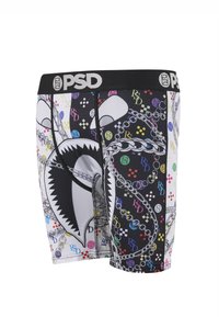 Zwart-witte boxer shorts met kleurrijke RSD-logo's, kettingen en een grote haaienbekafbeelding aan de voorkant, plus een zwarte tailleband met het opschrift PSD.