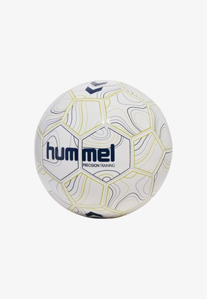 Weißer Fußball mit hexagonalen Feldern, schwarzen und gelben Linienmustern und dem Logo "hummel Precision Training" in Blau.