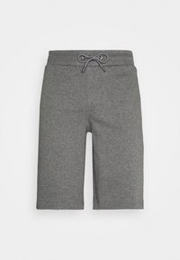 Šedé sportovní šortky z bavlny s elastickým pasem, stahovací šňůrkou a délkou po kolena. Hladký povrch bez vzorů.