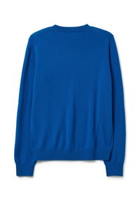 Suéter azul de punto con cuello redondo, mangas largas y puños de canalé, hecho de una suave tela de punto, que presenta una textura lisa.