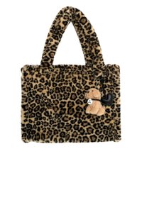 Leopard print faux fur handbag with two handles. Includes a detachable plush dog charm and a heart-shaped accessory. Soft texture.