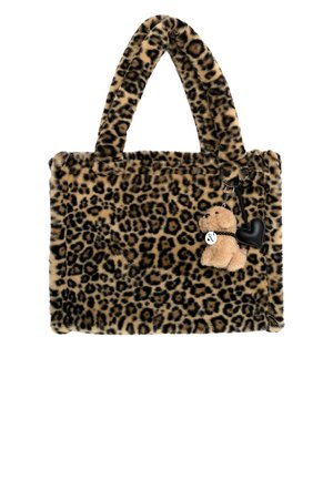 Leopardenmuster Handtasche aus Kunstfell mit zwei Griffen. Enthält einen abnehmbaren, flauschigen Hundescharm und ein herzförmiges Accessoire. Weiche Textur.