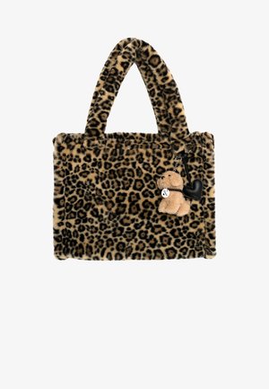 Leopard print faux fur handbag with two handles. Includes a detachable plush dog charm and a heart-shaped accessory. Soft texture.