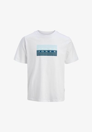 White cotton t-shirt featuring a blue graphic rectangle with the text "JACK & JONES" in white and dark blue, round neck, short sleeves.